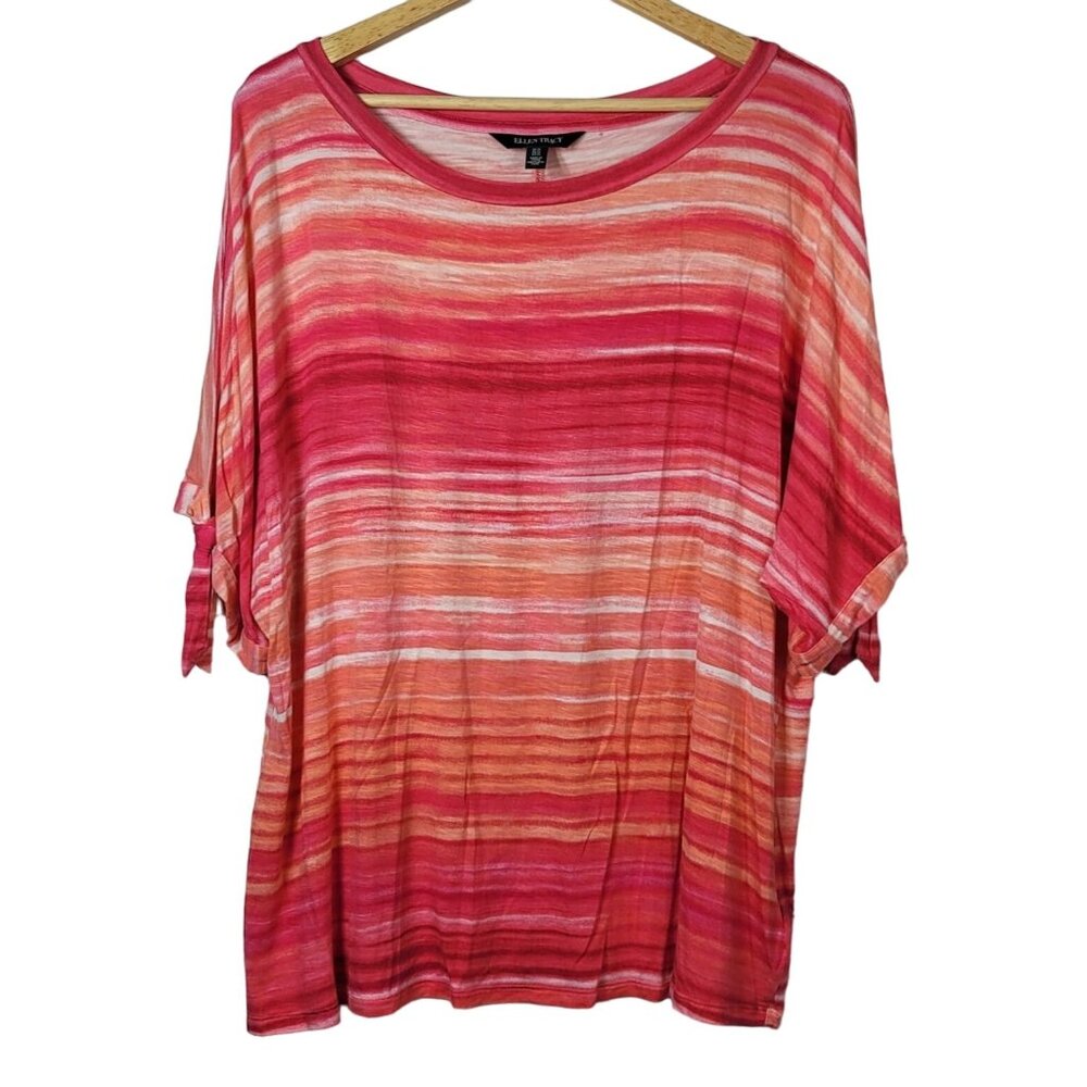 Ellen Tracy Pullover Top Pink 1X Round Neck Open Short Sleeve Ties On Striped
